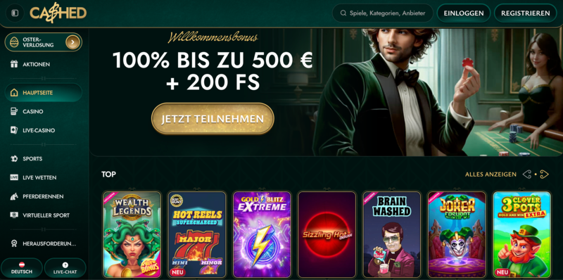 Cashed Casino – Screenshot von der offiziellen Website